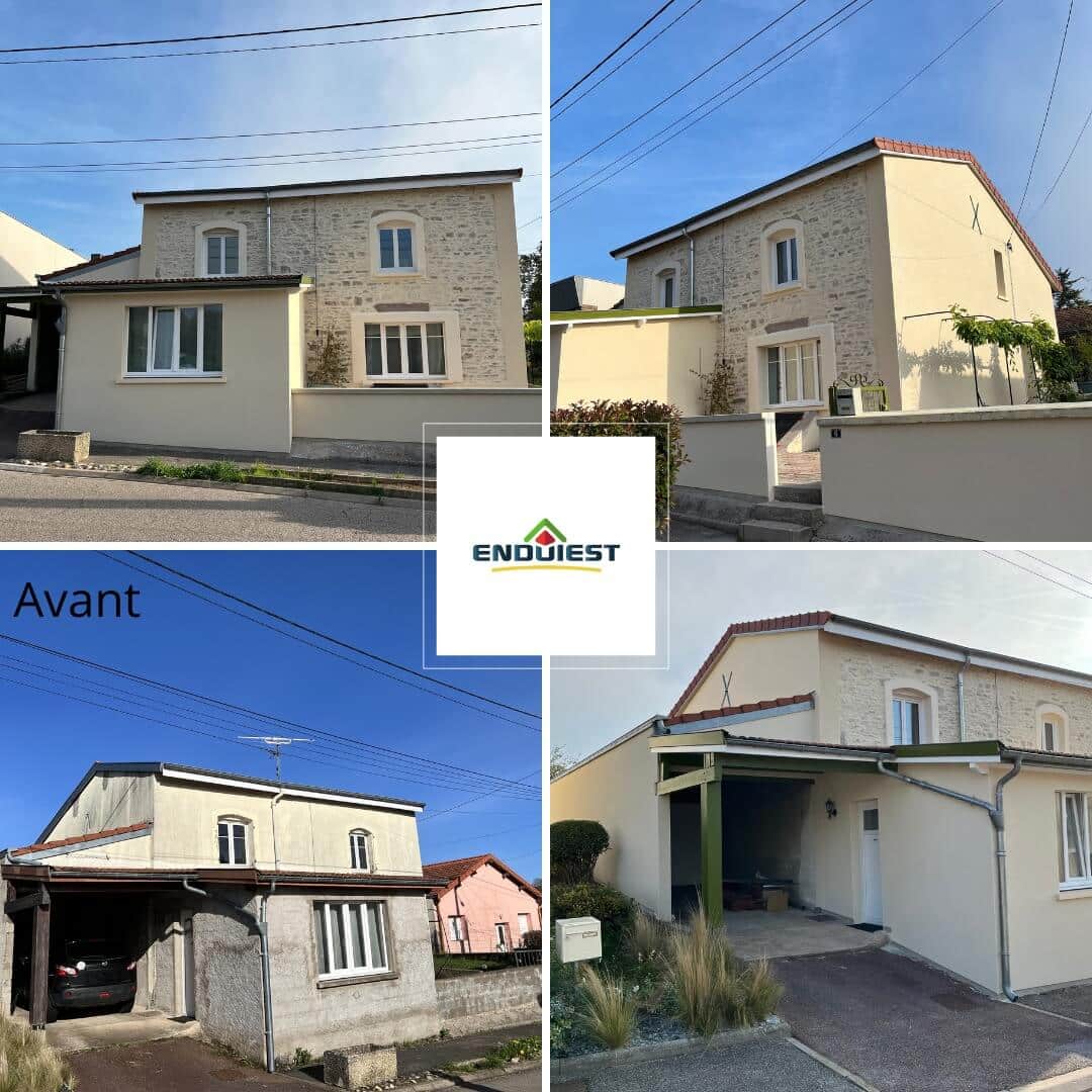 Ravalement de façade à la chaux avec création d'encadrements imitation pierre